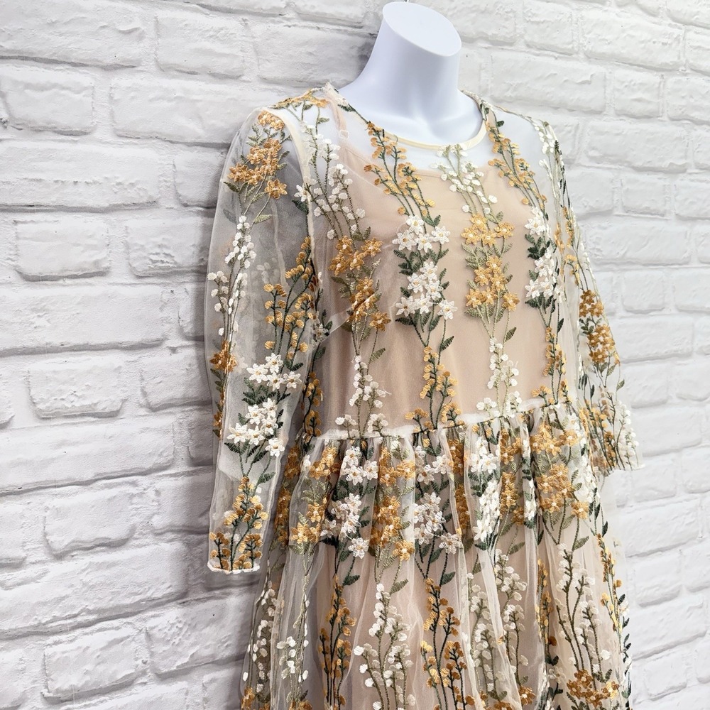 Vtg Metisu Embroidered Dress Sz XL Beige Floral Fairy Cottage Core Boho Feminine - Picture 16 of 16